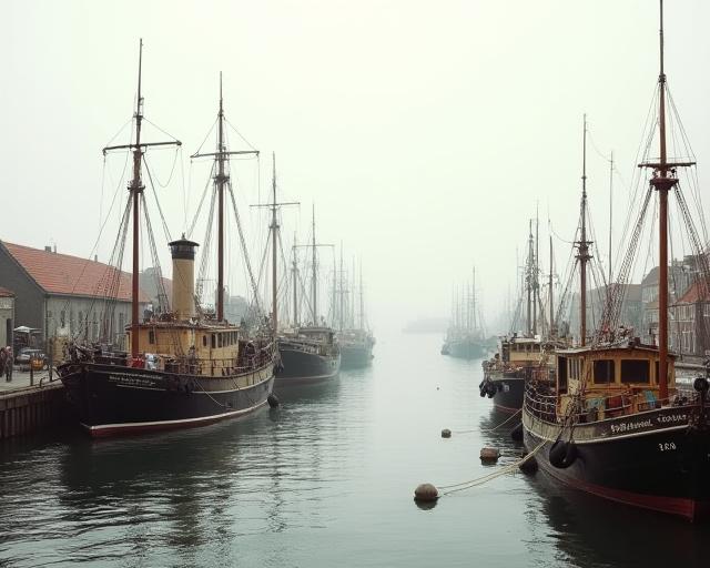 Historisk udsnit af Esbjerg havn med fiskekuttere
